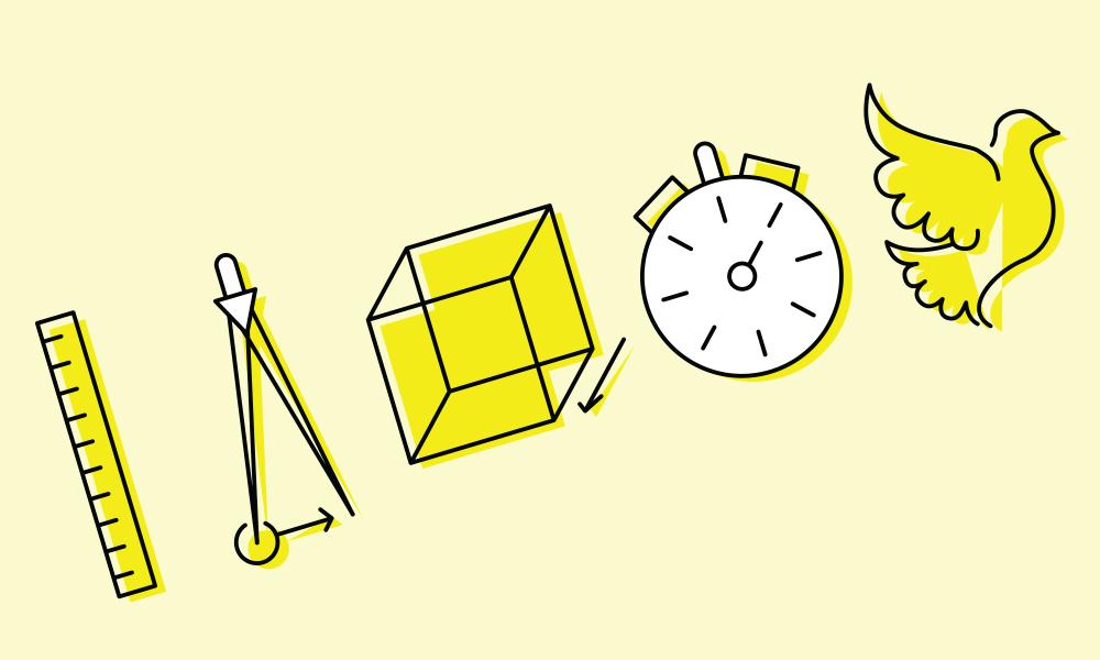 Illustrations of a ruler, cube, clock, and dove