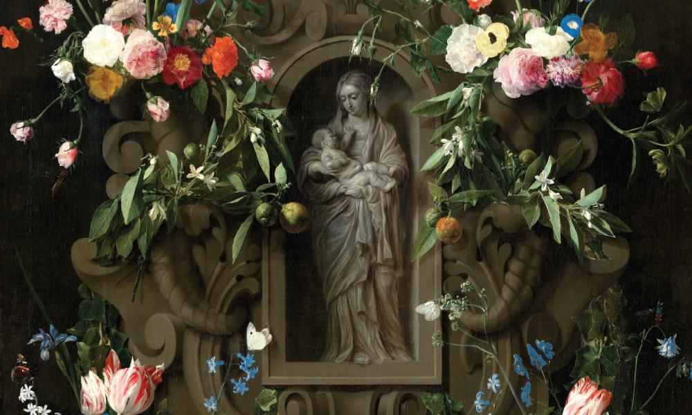 Garland of Flowers surrounding a Sculpture of the Virgin Mary