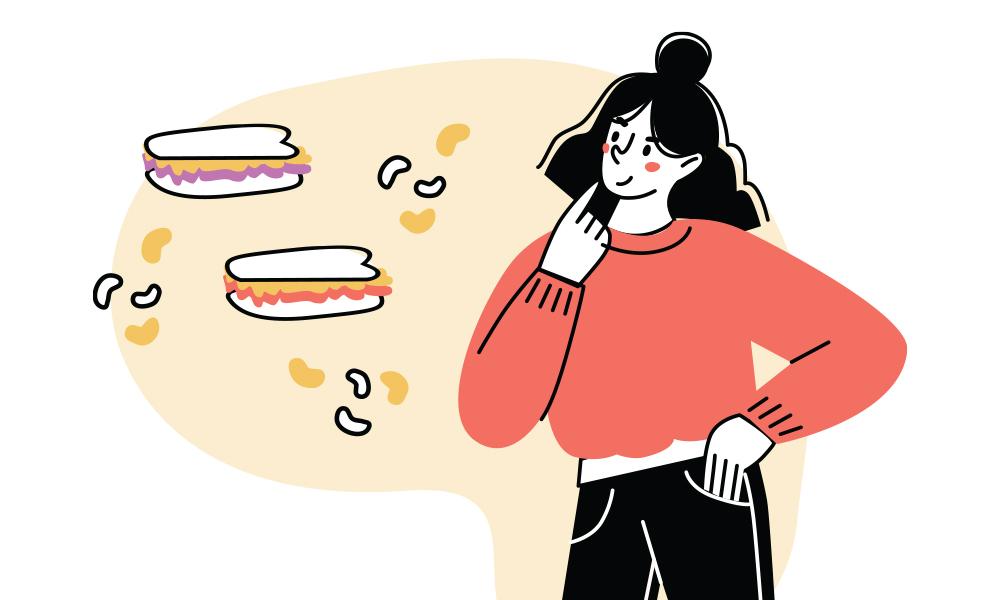Illustration of woman considering food