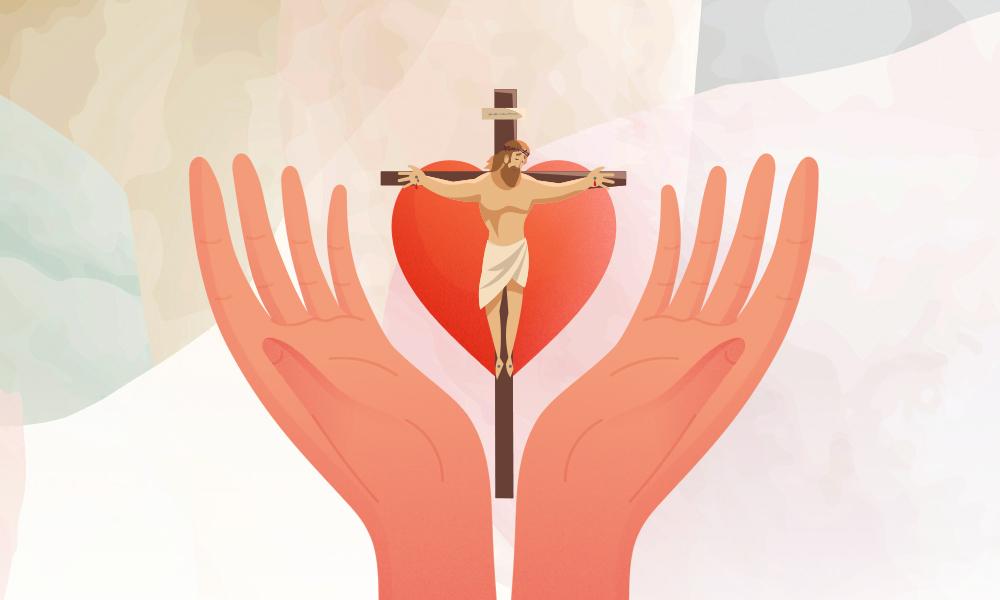 Christ crucified over a heart in between two uplifted hands