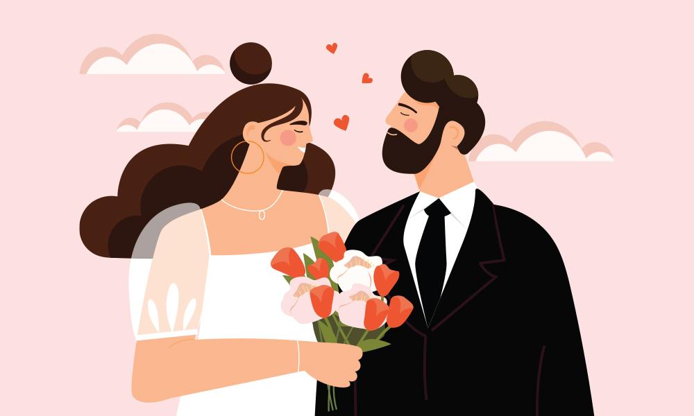 Illustrated married couple looking at each other with hearts above them