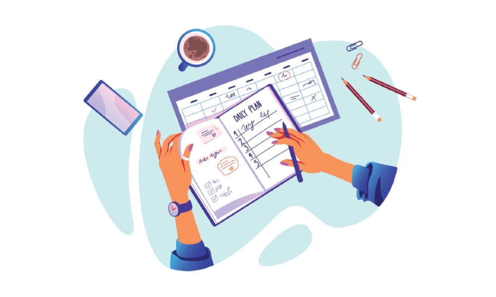 Illustration of hands, open planner and calendar