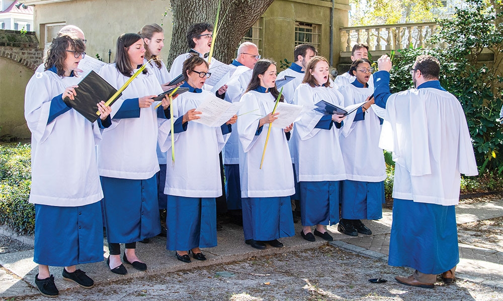 Choir singing outside church
