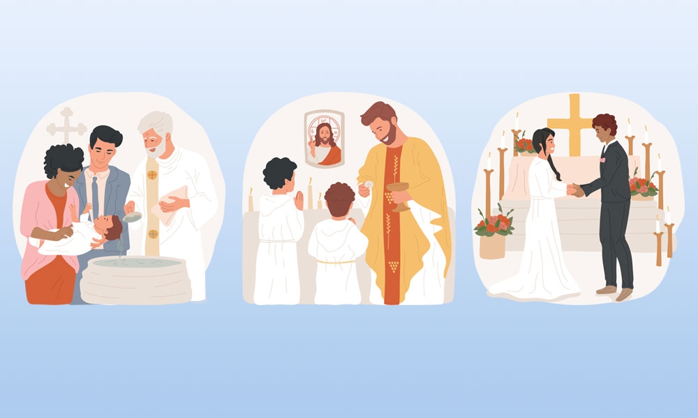 Illustrations of the sacraments of baptism, first communion, and marriage