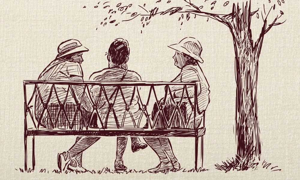 Illustration of people sitting on a bench talking
