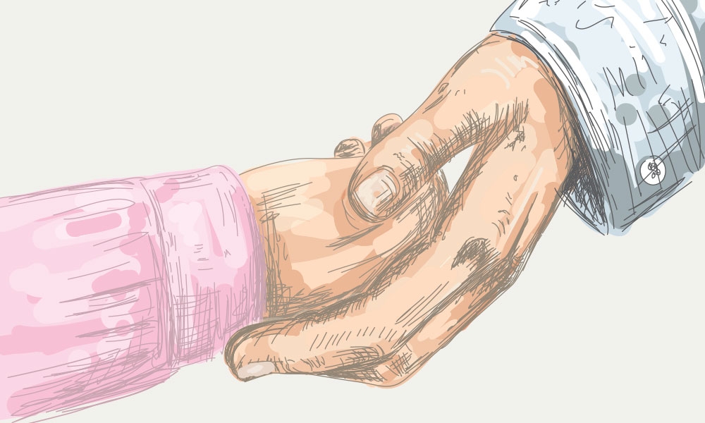 Illustration of a man holding a young girl's hand