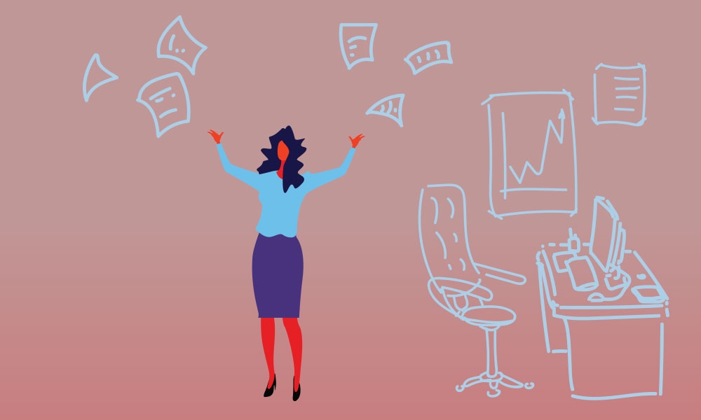 Illustration of frustrated woman throwing papers in the air in her office
