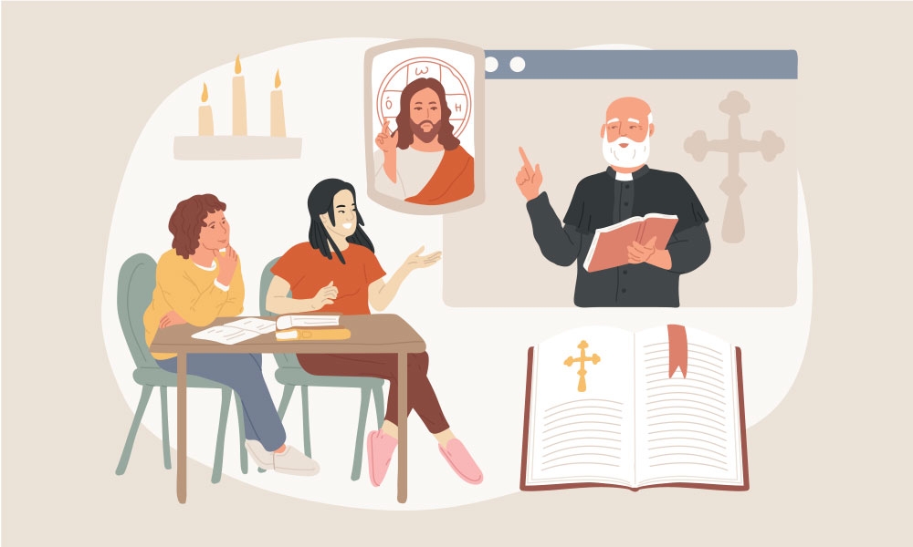 Priest teaching online about Jesus and the Bible to two women