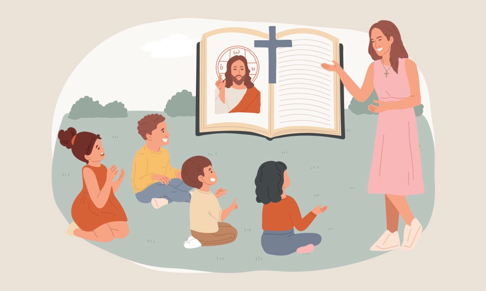 Female teacher teaching the Bible to children