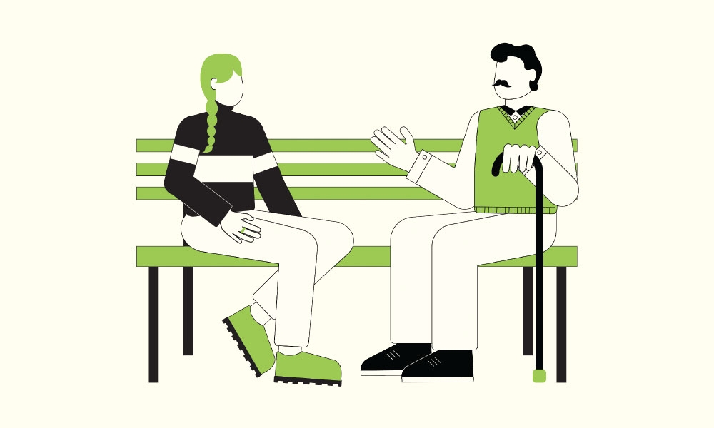 Illustration of a man and woman sitting on a bench talking