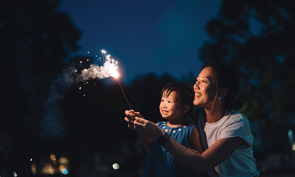 Mother and child holding a sparkler