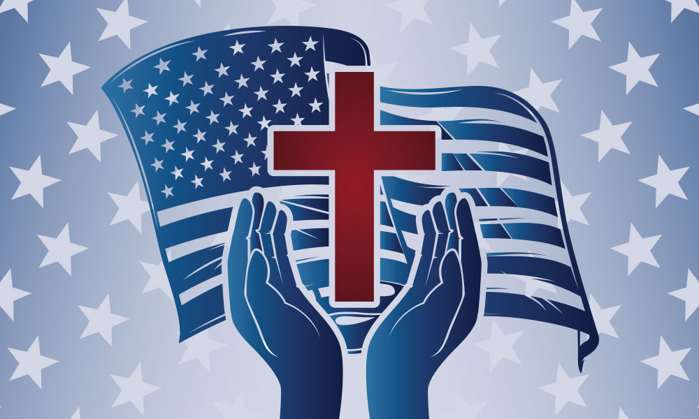 Illustration of hands holding up a cross in front of a US flag background