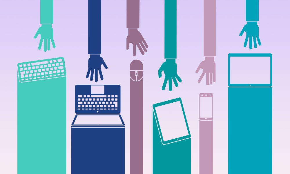 Illustration of colorful hands reaching for digital devices