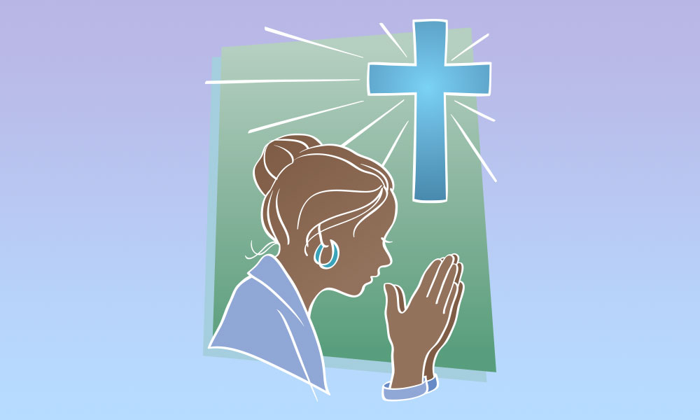 Illustration of woman praying beneath a radiant cross