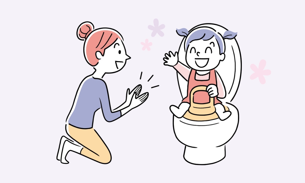 Illustration of toddler potty training and mother clapping excitedly