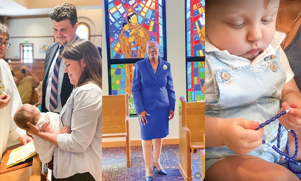 Child being baptized on left, baby holding rosary on right