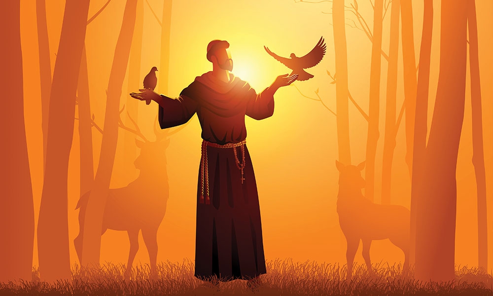 Illustration of St. Francis surrounded by sunlight and animals