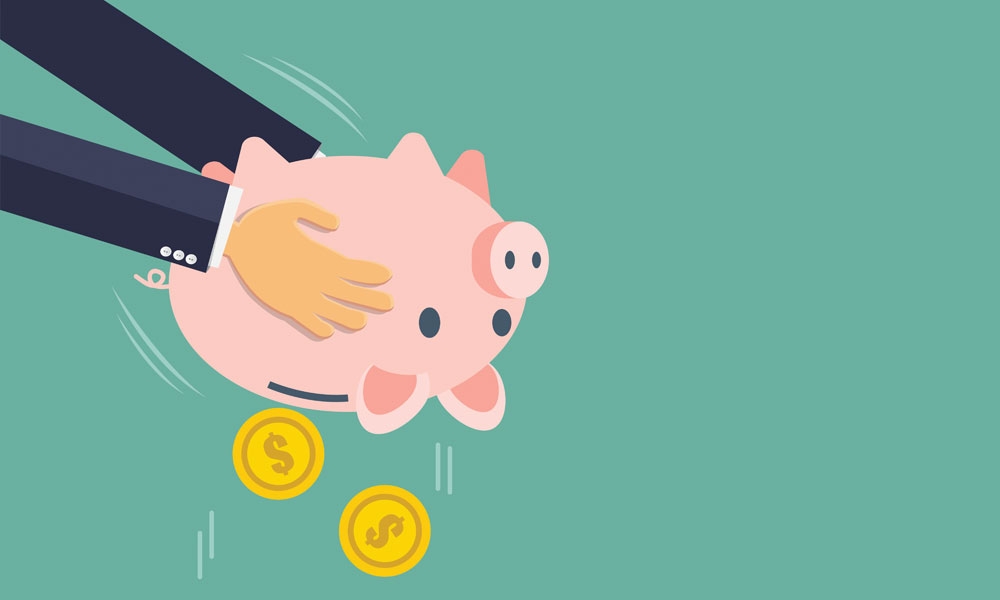 Illustration of hands shaking money out of an upside-down piggy bank