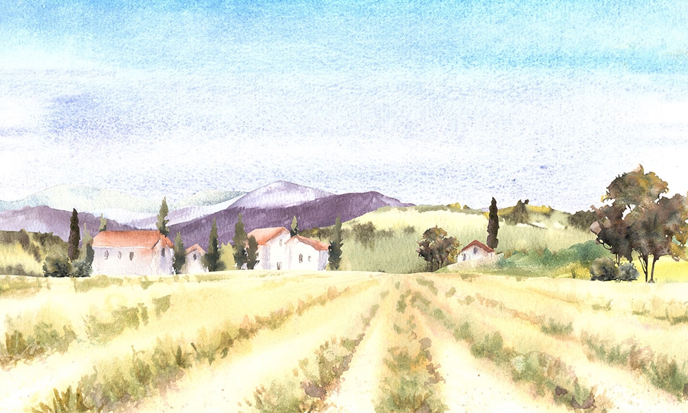 Watercolor illustration of a field with houses and a mountain in the background