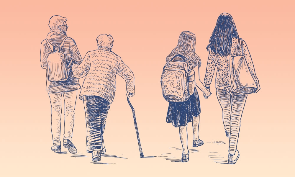 Illustrations of children walking with mothers