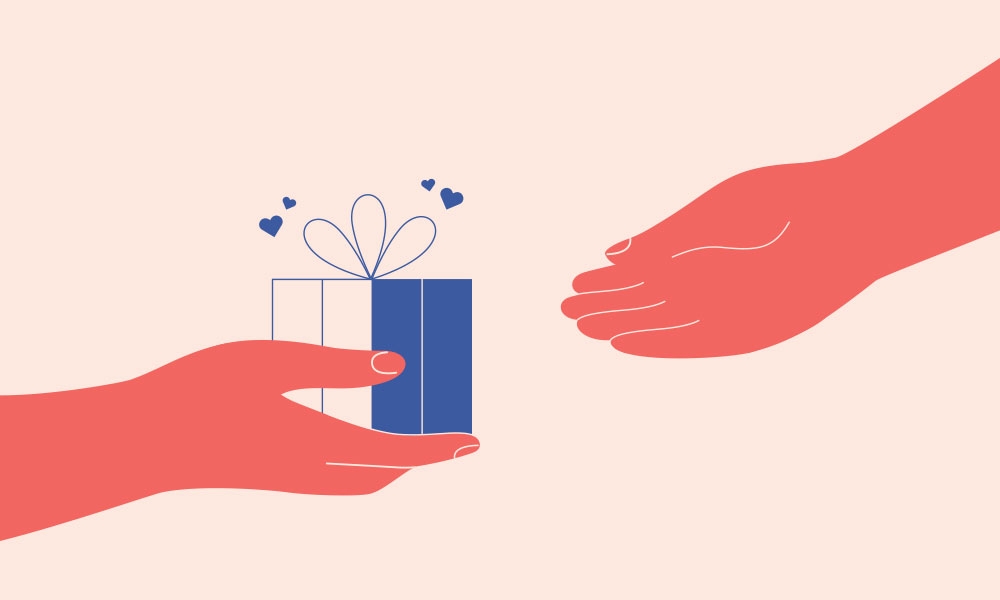 Illustrations of hands exchanging a gift