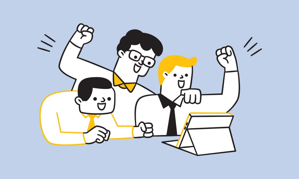 Illustration of businessmen cheering around a laptop