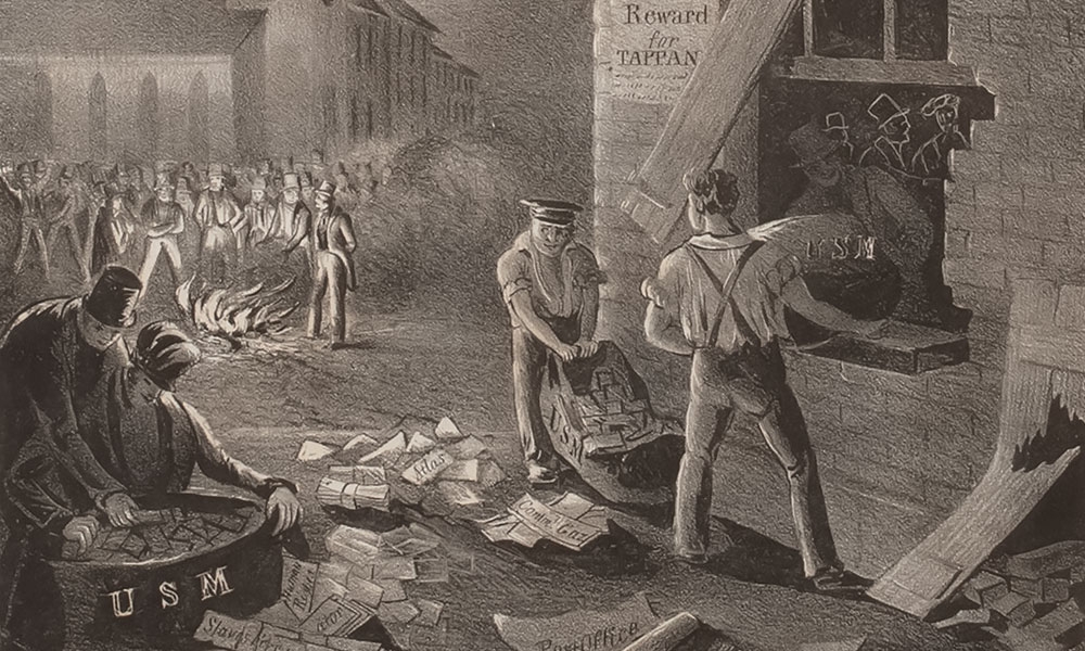 A contemporary drawing of the attack, which was labeled: “New method of assorting the mail, as practised [sic] by Southern slave-holders, or attack on the Post Office, Charleston, S.C.