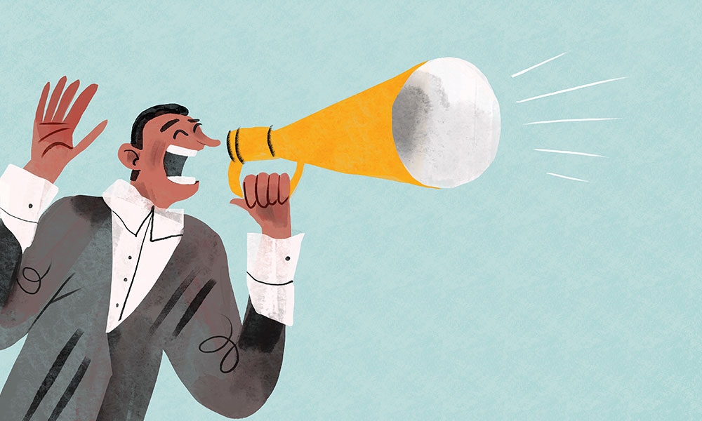 Illustration of a man shouting into a bullhorn speaker