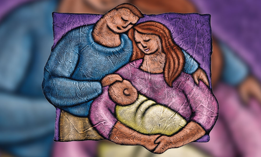 Illustration of parents with their swaddled baby