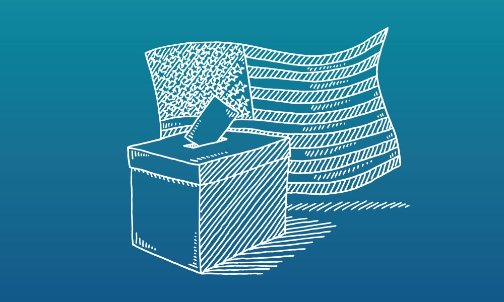 Illustration of American flag and ballot box