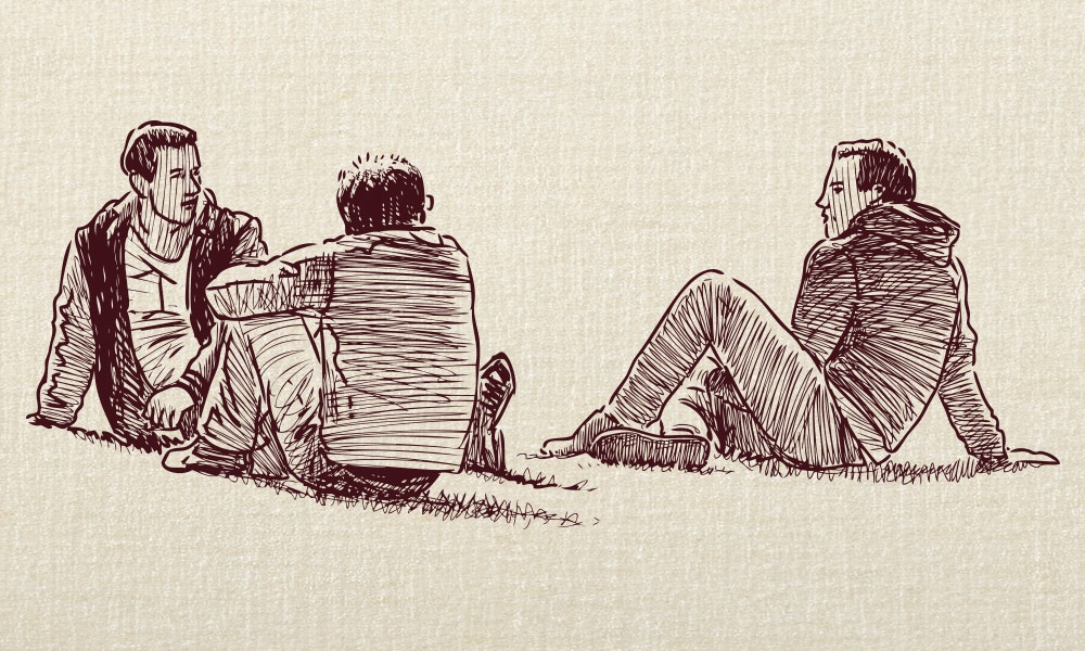 Illustration of people sitting on the ground having a conversation