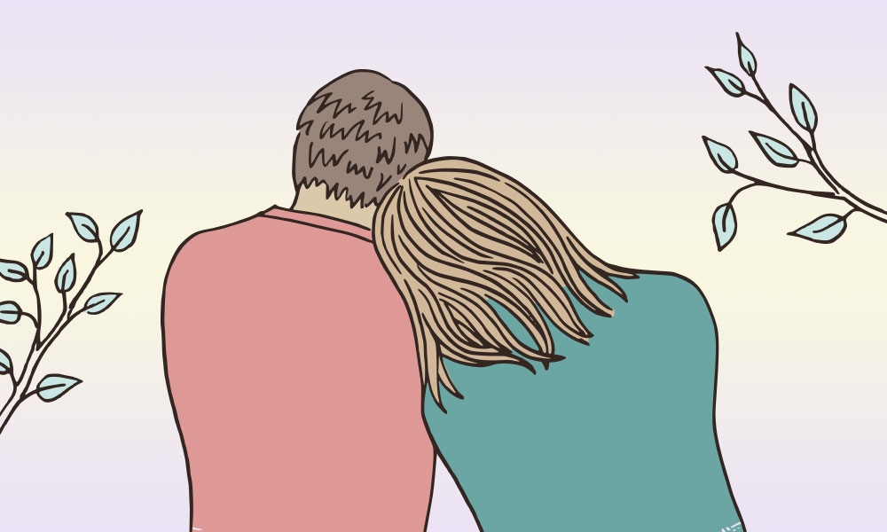 Illustration of a man and woman facing away and the woman leaning against the man