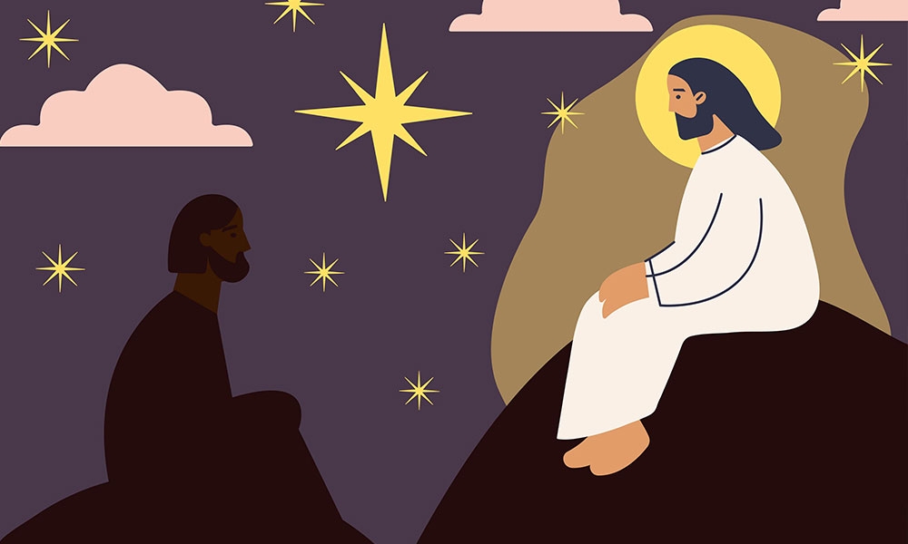 Illustration of Jesus on the mountain facing a person in the dark 
