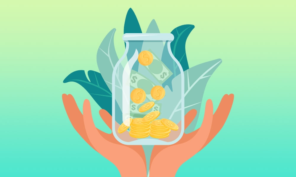 Illustration of hands uplifting a jar of money