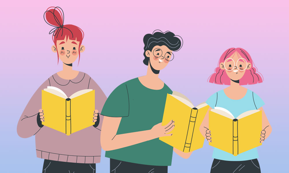 Illustration of people reading books