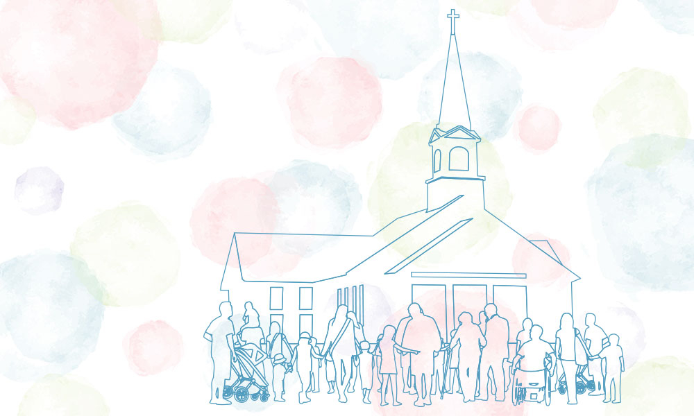 Illustration of a church and people outside