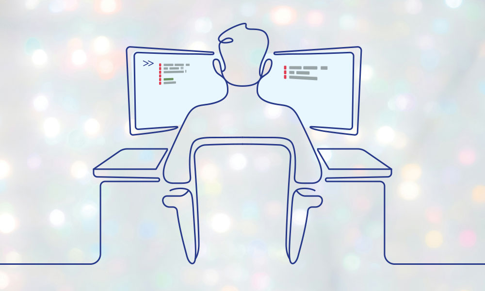 Simple line illustration of a man sitting at a desk with two computers