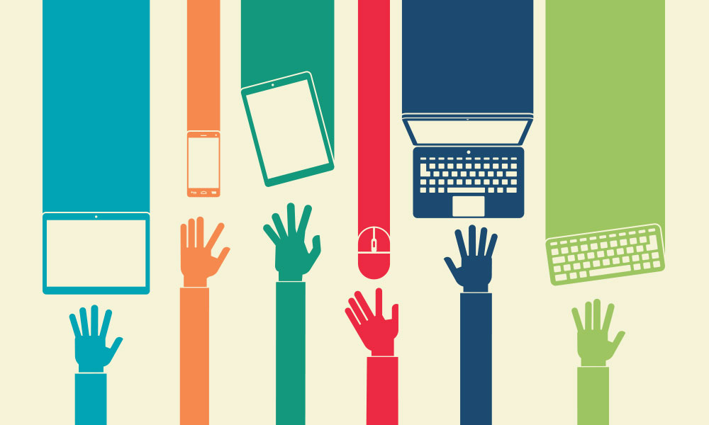 Colorful illustration of hands reaching for digital devices