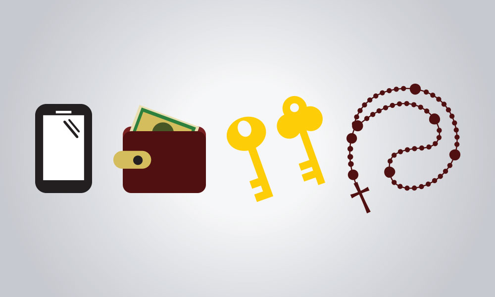 Illustration depicting phone, wallet, keys, and rosary