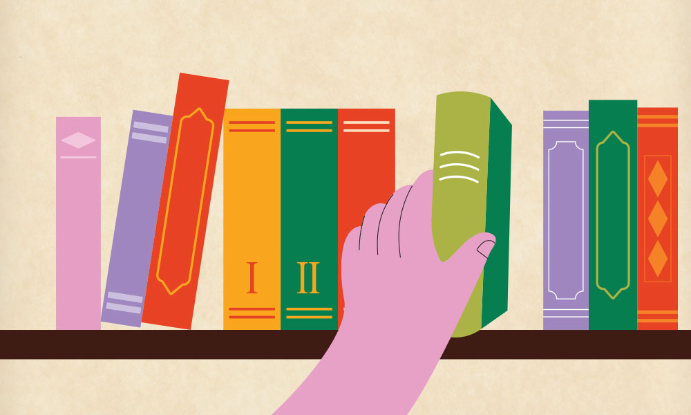 Colorful illustration of a hand reaching for a book on a bookshelf